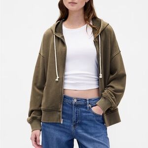GAP Heavyweight French Terry Oversized Zip Hoodie in Moss Green